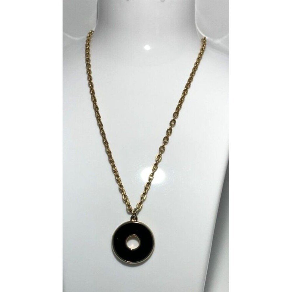 Vintage Signed AMY Gold Tone Circular Black Enamel Pendant Simple Art Boho